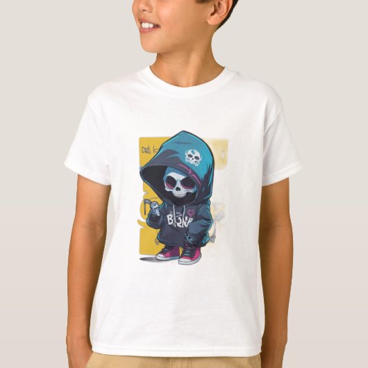 Kleurrijke graffiti stijl Chibi schedel in capucho T-shirt (Voorkant)