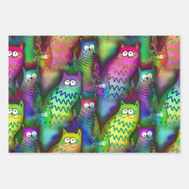 Kleurrijke Grafische Kunst Katten met Grijns 3 Gif Inpakpapier Vel