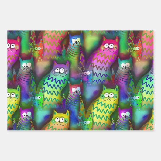 Kleurrijke Grafische Kunst Katten met Grijns 3 Gif Inpakpapier Vel (Voorkant)