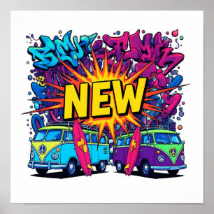 Kleurrijke Grafische Vormgeving: Neon NEW Wave Pop Poster