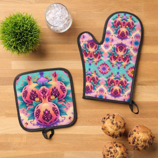 kleurrijke granaatappel ovenwant & pannenlap set (Top down)