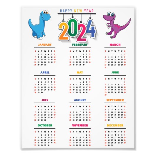 Kleurrijke Grappige Dinosaurus 2024 Kalender Foto Afdruk (Voorkant)