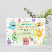 Kleurrijke grappige monster party baby shower kaart (Staand voorkant)
