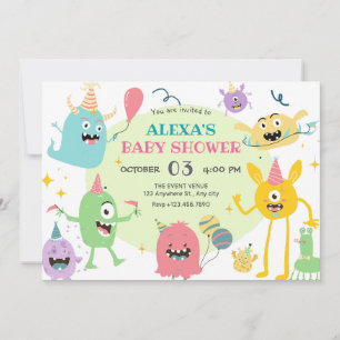 Kleurrijke grappige monster party baby shower kaart