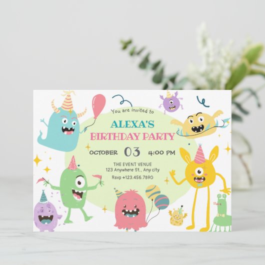 Kleurrijke grappige monster party verjaardag kaart (Staand voorkant)