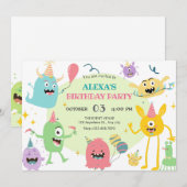 Kleurrijke grappige monster party verjaardag kaart (Voorkant / Achterkant)