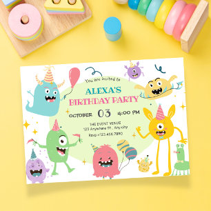 Kleurrijke grappige monster party verjaardag kaart