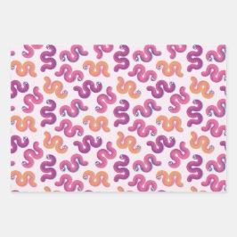 Kleurrijke grappige slangen (roze, paars en oranje inpakpapier vel