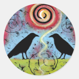 Kleurrijke, griesachtige twee ravens zittende stic ronde sticker