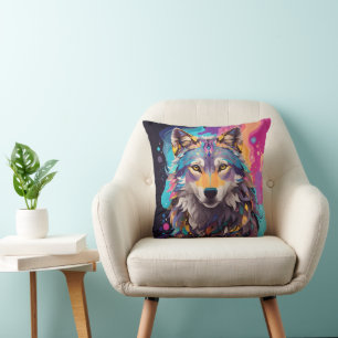 Kleurrijke grijze wolf neon kleuren kussen