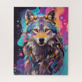 Kleurrijke grijze wolf neon kleuren legpuzzel (Verticaal)