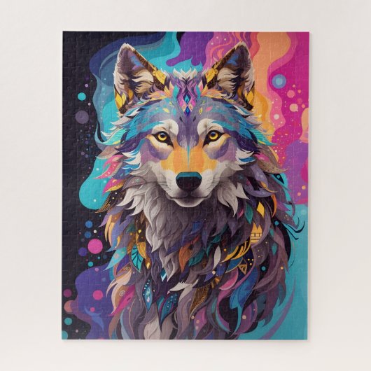 Kleurrijke grijze wolf neon kleuren legpuzzel (Verticaal)
