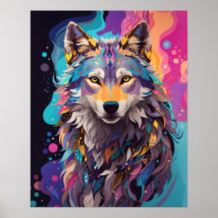 Kleurrijke grijze wolf neon kleuren poster