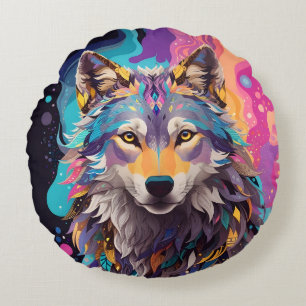 Kleurrijke grijze wolf neon kleuren rond kussen