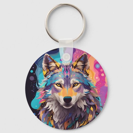 Kleurrijke grijze wolf neon kleuren sleutelhanger (Voorkant)