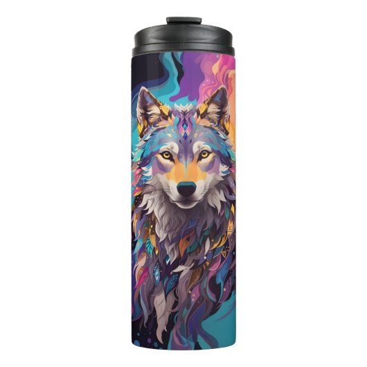 Kleurrijke grijze wolf neon kleuren thermosbeker (Voorkant)