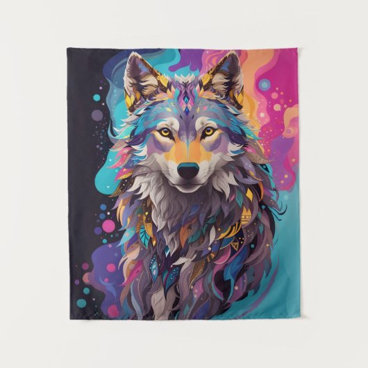 Kleurrijke grijze wolf neon kleuren wandkleed (Voorkant)