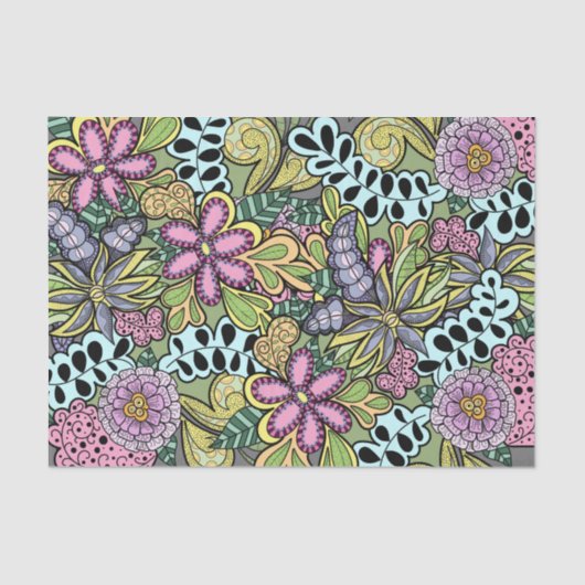 Kleurrijke grillige bloemen en bladeren botanisch tissuepapier (Voorkant)