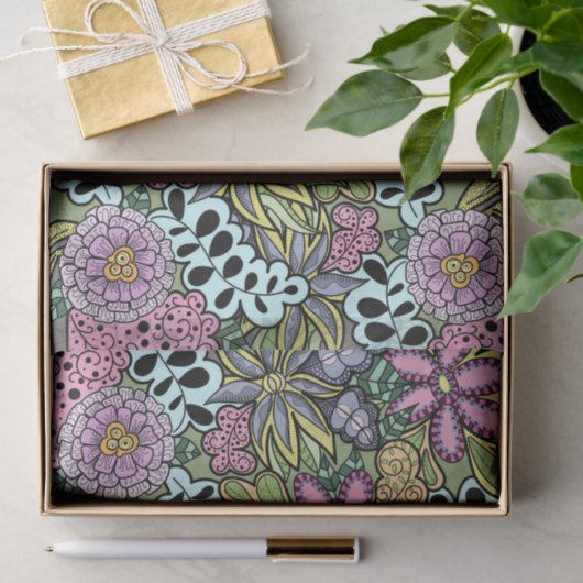 Kleurrijke grillige bloemen en bladeren botanisch tissuepapier (Geschenk)