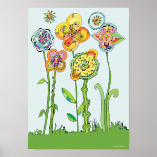 Kleurrijke grillige bloemen kunstwerk poster