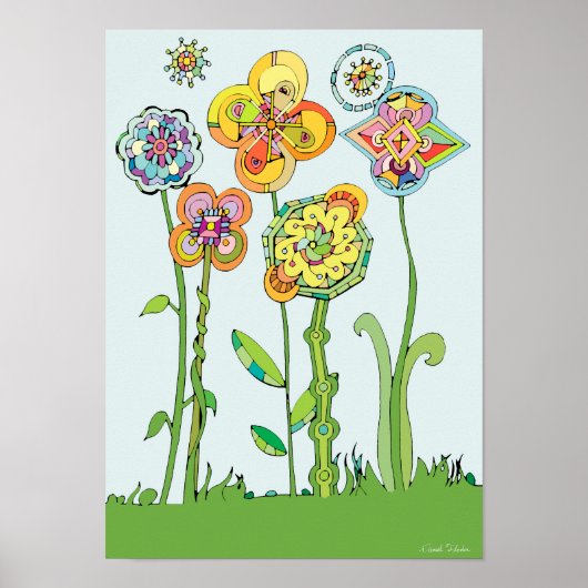 Kleurrijke grillige bloemen kunstwerk poster (Voorkant)