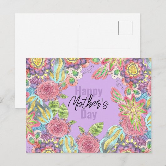 Kleurrijke grillige bloemen op Paarse Moederdag Briefkaart (Voorkant / Achterkant)