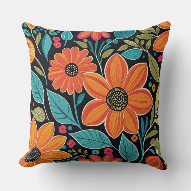 Kleurrijke grillige boho bloemen kussen (Voorkant)