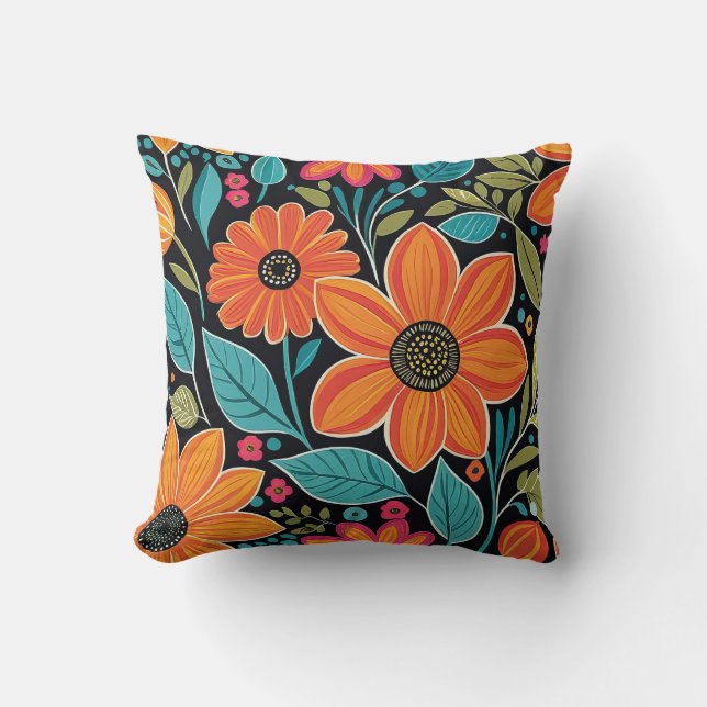 Kleurrijke grillige boho bloemen kussen (Voorkant)