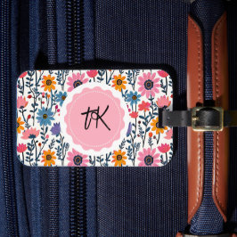 Kleurrijke grillige Folk Art Floral Monogrammed Bagagelabel
