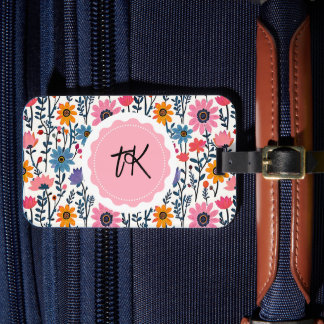 Kleurrijke grillige Folk Art Floral Monogrammed Bagagelabel