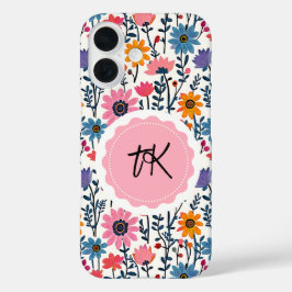 Kleurrijke grillige Folk Art Floral Monogrammed iPhone 16 Hoesje