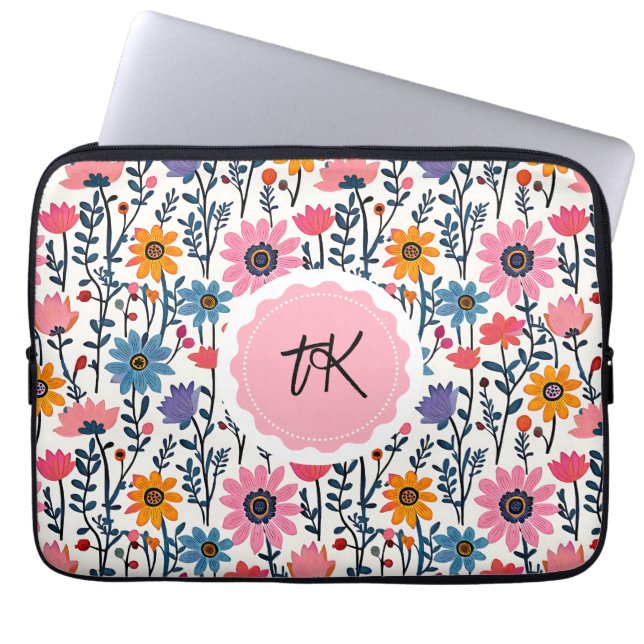 Kleurrijke grillige Folk Art Floral Monogrammed Laptop Sleeve (Voorkant)