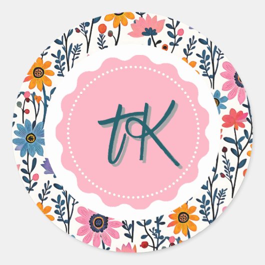 Kleurrijke grillige Folk Art Floral Monogrammed Ronde Sticker (Voorkant)