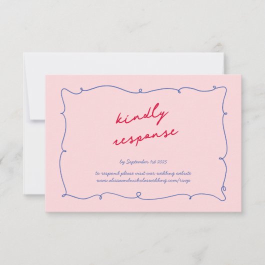 Kleurrijke grillige golvende rand & script bruilof RSVP kaartje (Voorkant)