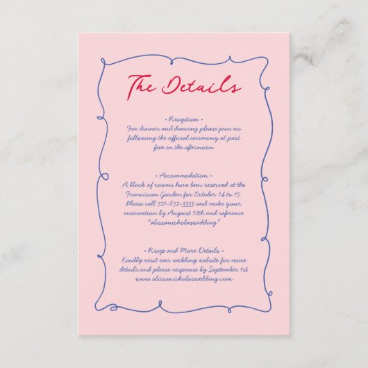 Kleurrijke grillige grens & script bruiloft detail informatiekaartje (Voorkant)