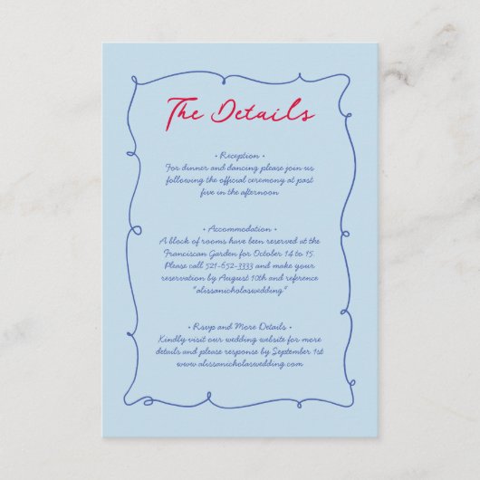 Kleurrijke grillige grens & script bruiloft detail informatiekaartje (Voorkant)