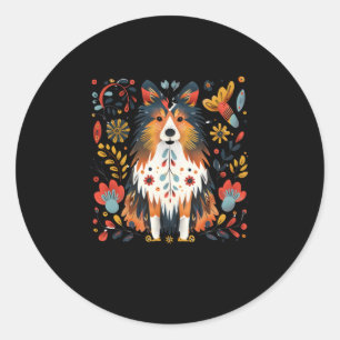 Kleurrijke grillige illustratie van een hond omrin ronde sticker