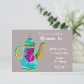 Kleurrijke grillige theepot middag theefeest kaart (Staand voorkant)