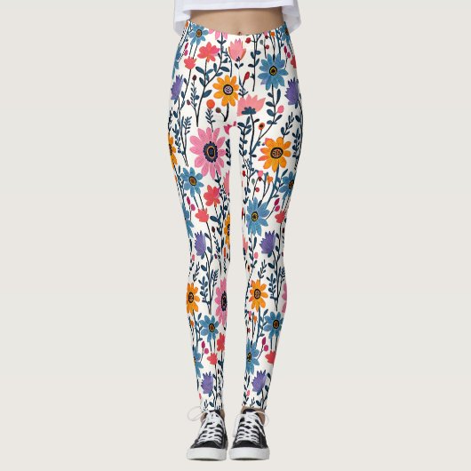 Kleurrijke grillige volkskunst Bloemen Leggings (Voorkant)