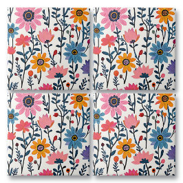 Kleurrijke grillige volkskunst Bloemen Tegeltje