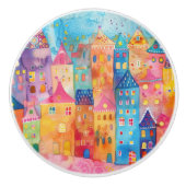 Kleurrijke grillige Waterverf Townscape Keramische Knop (Voorkant)