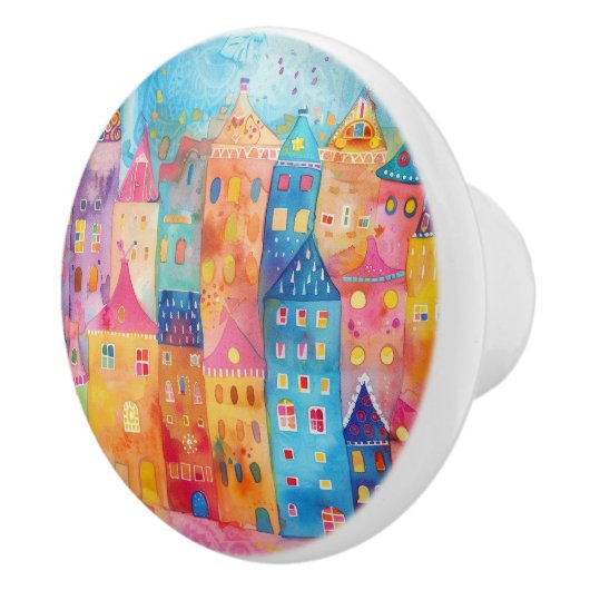 Kleurrijke grillige Waterverf Townscape Keramische Knop (Rechts)