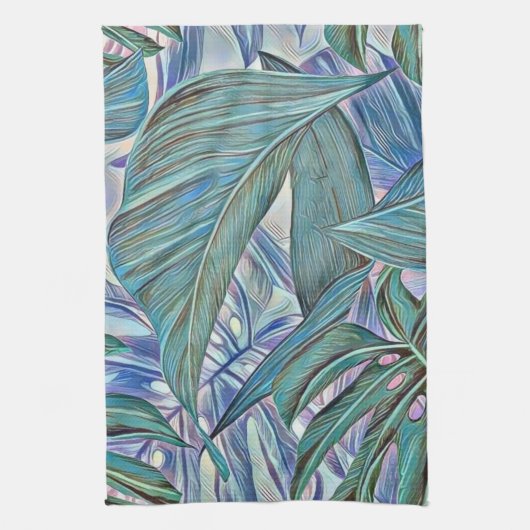 Kleurrijke groen blauw tropisch blad waterverf theedoek (Verticaal)