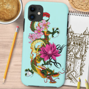 Kleurrijke Groene Chinese Draak Lotus Theelblauw T Case-Mate iPhone Case
