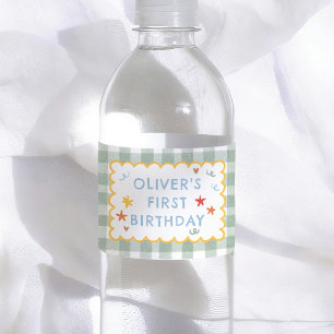 Kleurrijke Groene Gingham 1e Verjaardag Waterfles Etiket