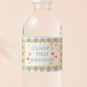 Kleurrijke Groene Gingham 1e Verjaardag Waterfles Etiket