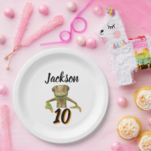 Kleurrijke Groene & Oranje Hagedis Verjaardagsfees Papieren Bordje (Feest)