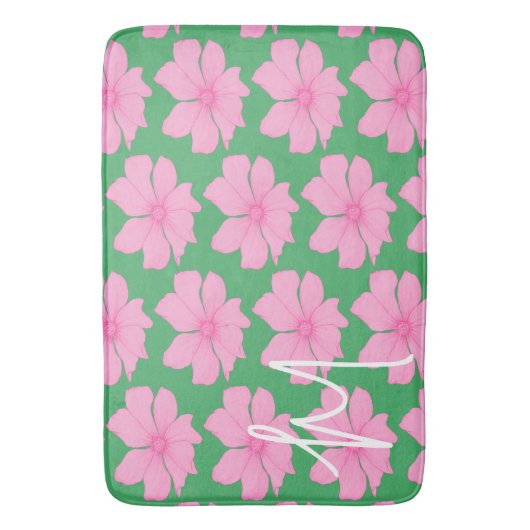 Kleurrijke Groene Roze Bloemen Moderne Monogram Ba Badmat (Voorkant Verticaal)