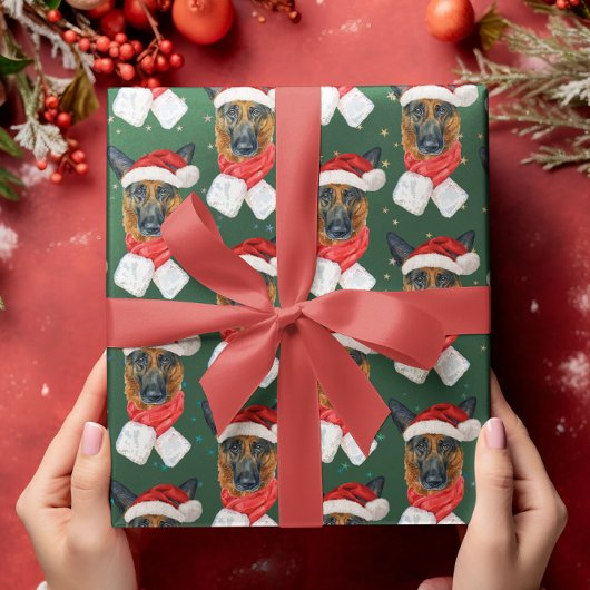 Kleurrijke Groene Sterren Duitse Herder Kerstmis Cadeaupapier