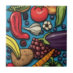 Kleurrijke groenten en fruit op blauw tegeltje